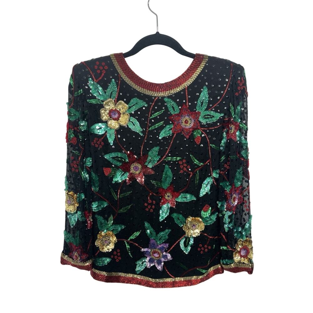 Vintage Nite Line 100% Silk Beaded Sequin Top Black Red Green Holiday Party S